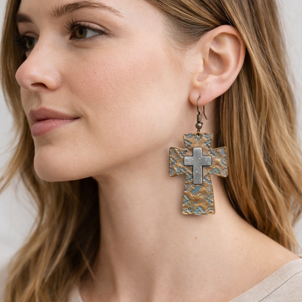 Patina Cross Dangle Earrings | Turquoise Copper Western Boho gift valentines day